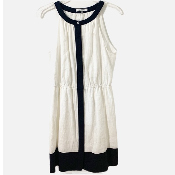 DKNYC Linen Sleeveless Button Front Dress Pockets Elastic Waist Fully Lined 🟦⬜️ - Picture 1 of 9